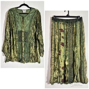 Vintage 80s Marisol Size 8 Crushed Velvet Button Up & Skirt Set Fairycore Boho